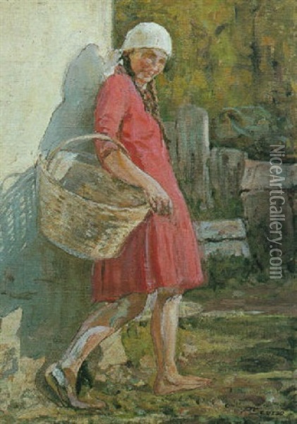 Esterina In Rosso Con Cesto Oil Painting - Pompilio Seveso