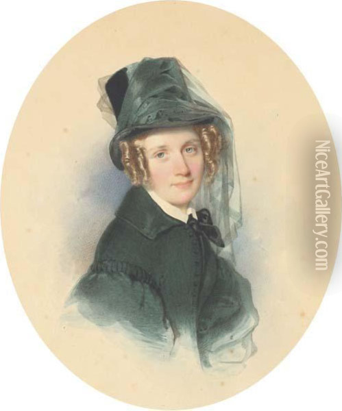 Portrait De Jeune Femme En Buste Avec Un Chapeau Haut-de-formesurmonte D'un Voile Oil Painting - Leopold Fischer