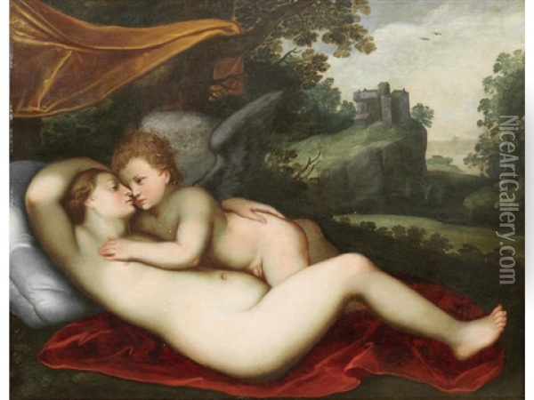 Venus And Cupid, Before A Landscape Oil Painting - Jan (Hans) Soens