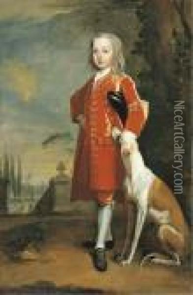 Portrait Of A Boy, Full-length, In A Red Coat, A Dog By His Side, In A Landscape Oil Painting - Charles Jervas