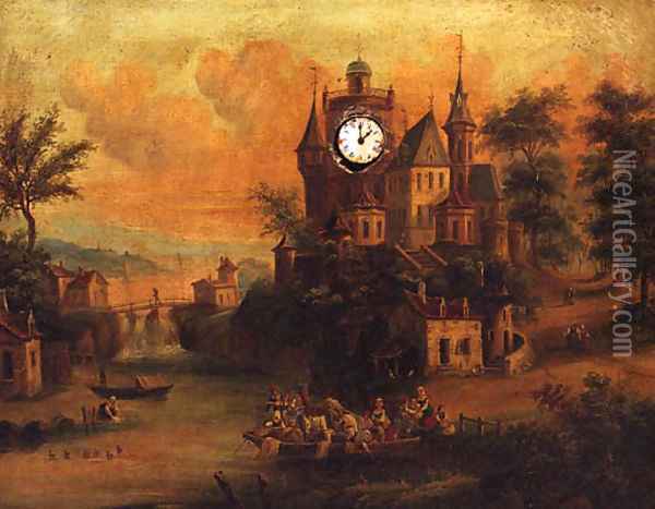 Figures On A Ferry With A Chateau Beyond, A Clock Picture Oil Painting - Dutch School