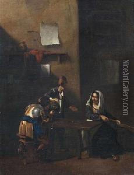 Tavern Interior With Peasants Smoking And Drinking And A Woman With A Guitar. Oil Painting - Cornelis (Pietersz.) Bega
