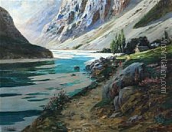 Woman On Path By The River And Snowy Mountains Oil Painting - Frederic Hugo d' Alesi