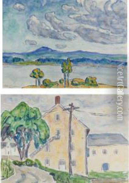 Landscape With Lake And 
Mountains And Landscape With House And Tree: A Pair Of Watercolors Oil Painting - Allen Tucker