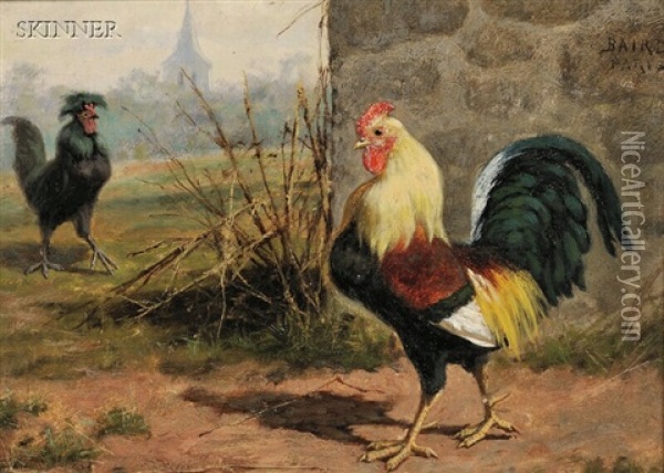 Barnyard Encounter (+ Cockfight; 2 Works) Oil Painting - William Baptiste Baird