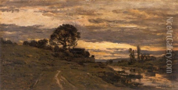 Sunset Over A Path Along The River Oil Painting - Charles Francois Daubigny