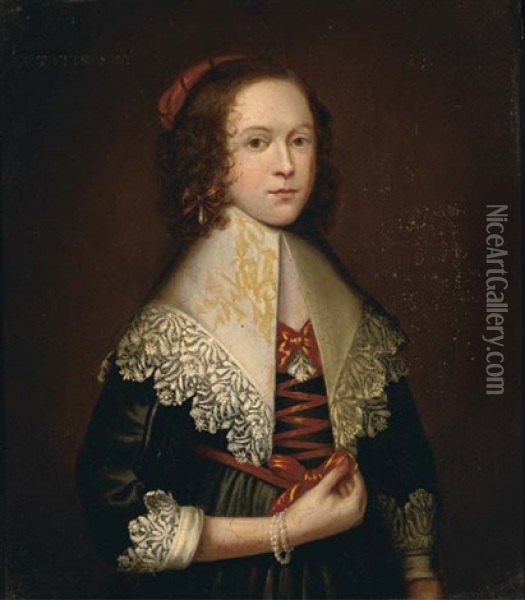 Portrait Of A Lady In A Green Silk Dress With A White Lace Collar And Cuffs, Wearing A Pearl Bracelet Oil Painting - Cornelis Jonson Van Ceulen