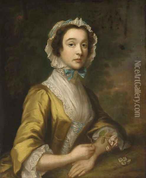 Portrait of a lady, half-length, in a yellow dress and blue-ribboned lace bonnet, holding a rose, in a landscape Oil Painting - Joseph Highmore
