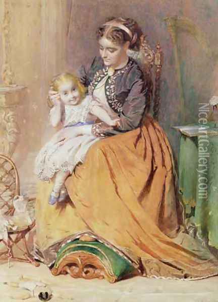 Tick Tick Tick a girl sitting on her mothers lap listening to her gold watch ticking Oil Painting - George Elgar Hicks