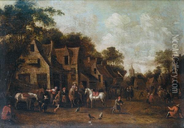 A Village Street With Horsemen Before Aninn Oil Painting - Barent Gael