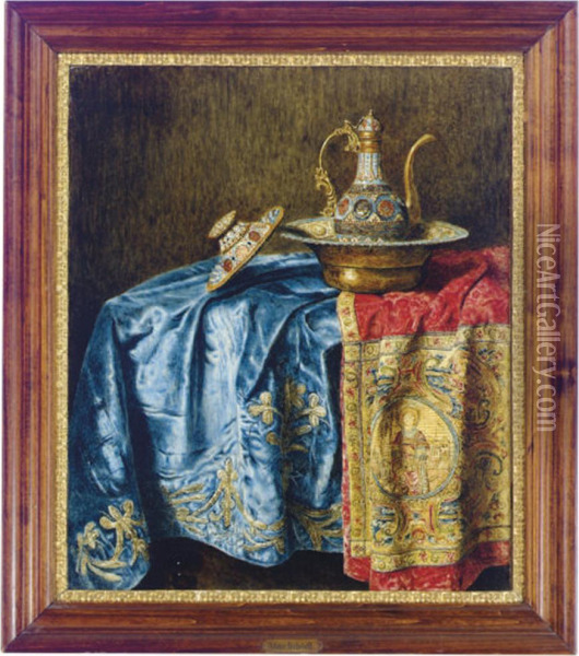Still Life Of A Decorative Ewer And Basin On Textiles Oil Painting - Max Schodl