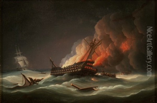 Brennendes Schiff, Bergungsschiffe Und Zweimaster Auf Bewegter See Bei Nacht Oil Painting - Thomas Buttersworth
