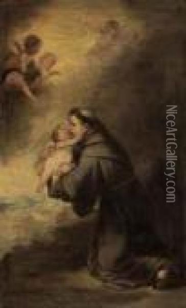 Saint Francis And The Christ Child, Surrounded By Putti Oil Painting - Bartolome Esteban Murillo