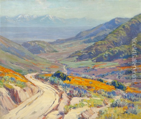 Poppies, Antelope Valley Near Elizabeth Lake, California Poppy Landscape With The San Bernardino Mountains In The Distance Oil Painting - Benjamin Chambers Brown