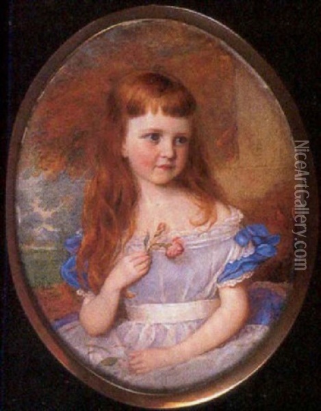 Portrait Of A Young Girl In Blue Dress With White Overdress With Frilled Neckline And White Waistband Oil Painting - Annie Dixon