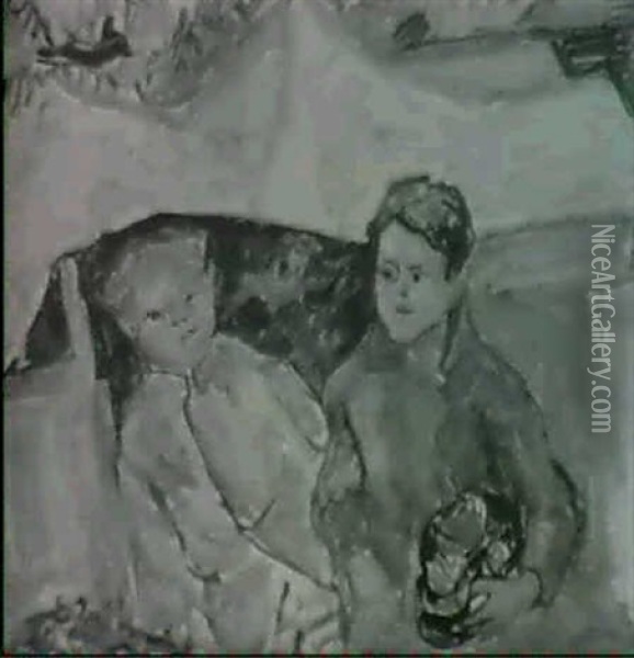 Zwei Kinder, Der Junge Rechts Eine Pickelhaube In Den Handen Haltend Oil Painting - Rudolf Grossmann