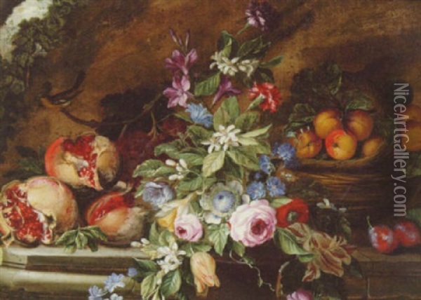 Pomegranates, Plums, Grapes, A Basket Of Peaches And A Bunch Of Flowers On A Stone Ledge Oil Painting - Michelangelo di Campidoglio