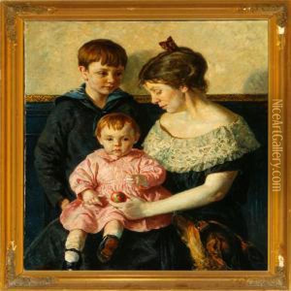 A Mother With Her Twochildren And Dog Oil Painting - Borge C. Nyrop
