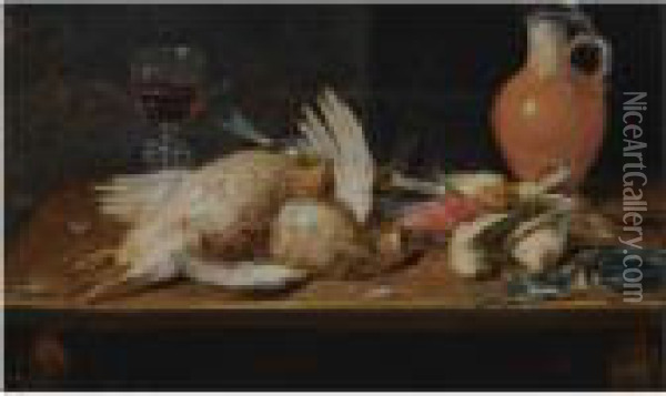 A Still Life With A Robin, A 
Kingfisher, Partridges And Songbirds,all On A Wooden Table, Together 
With A Glass And An Earthenwarejug Oil Painting - Alexander Adriaenssen