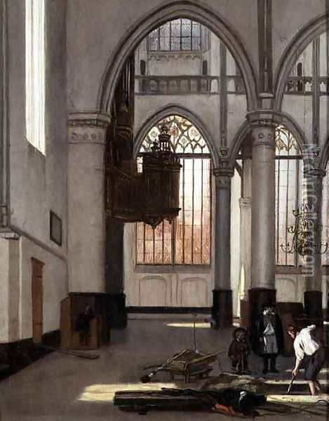 Gravediggers in the west end of the Oude Kerk, Amsterdam Oil Painting - Emanuel de Witte