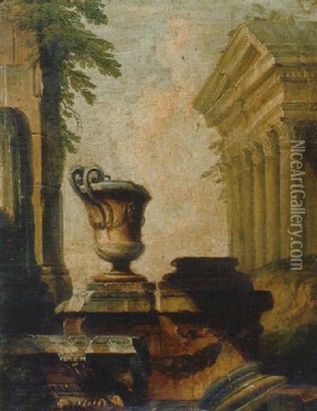 Capriccio De Ruinas Clasicas Con Una Urna Y Un Templo Oil Painting - Giovanni Paolo Panini