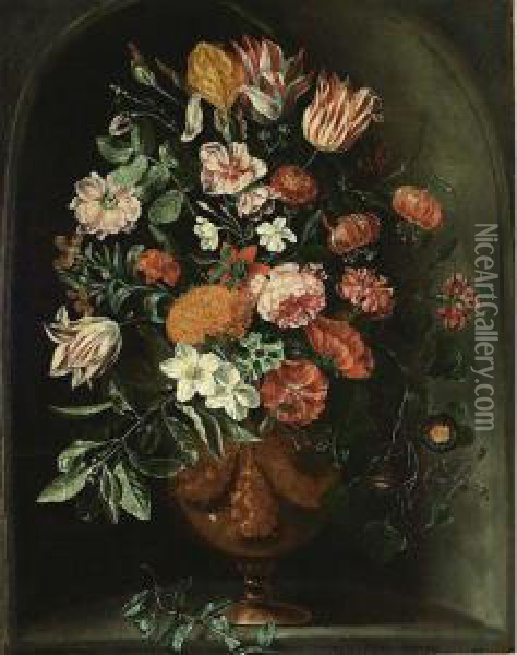A Still Life With Tulips, Roses, A Red Turban Cup Lily, Auricula, Jasmin, An Iris, Carnations And Other Flowers In A Vase, All In A Stone Niche Oil Painting - Peter Van Kessel