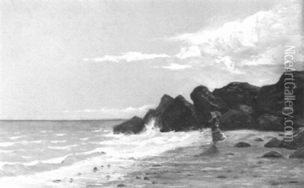 Felsige Meereskuste Mit Frau Am Strand Oil Painting - Gustave Eugene Castan