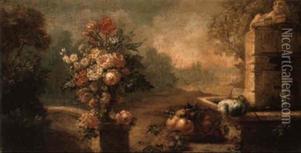 Flowers In An Urn On A Wall With A Basket Of Fruit By A Fountain Oil Painting - Gasparo Lopez