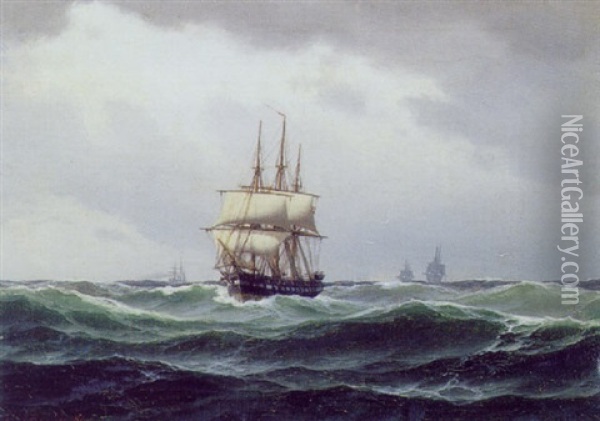 Marine Med Sejlskibe I Hoj So Oil Painting - Carl Emil Baagoe