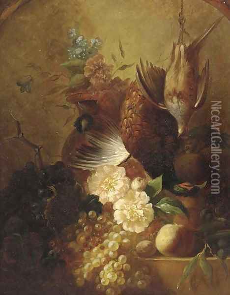Grapes, plums, a peach, a pheasant and grouse, on a marble ledge Oil Painting - James Poulton