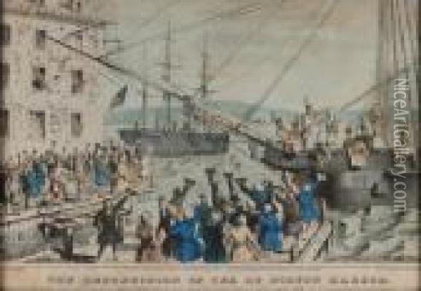 The Destruction Of Tea At Boston Harbor Oil Painting - Currier