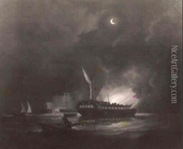 Night Time Battle Scene Oil Painting - James Edward Buttersworth
