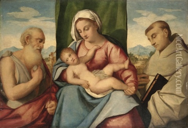 The Madonna And Child With Saints Jerome And Francis Of Assisi Oil Painting - Bonifazio de Pitati