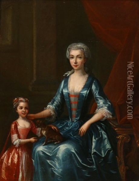 Portrait Of A Lady, In A Blue Dress, Seated In An Interior With A Young Girl Oil Painting - John Verelst