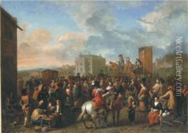 A Market Scene With A Commedia Dell'arte Performance Oil Painting - Gerard Hoet