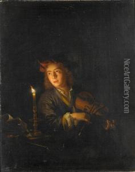 A Youth Playing A Violin By Candlelight Oil Painting - Arnold Boonen