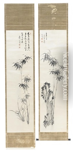 Standing Bamboo (pair) Oil Painting - Okubo Shibutsu