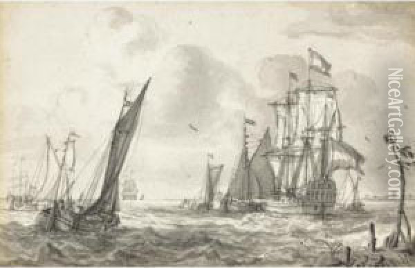 A Royal Yacht And Smaller Vessels On A Choppy Sea Oil Painting - Jan Claes Rietschoof