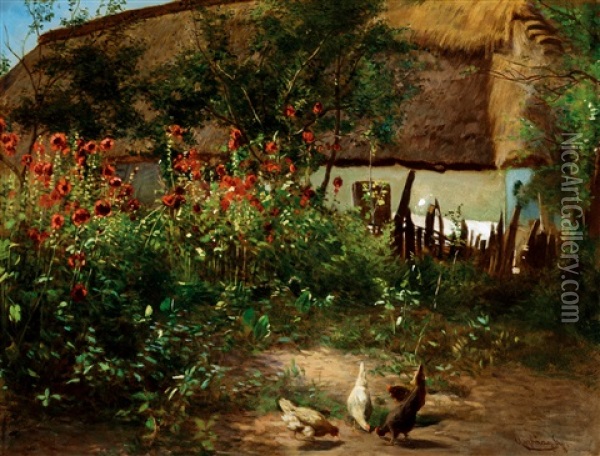 Flowery Courtyard Oil Painting - Gyula Agghazy