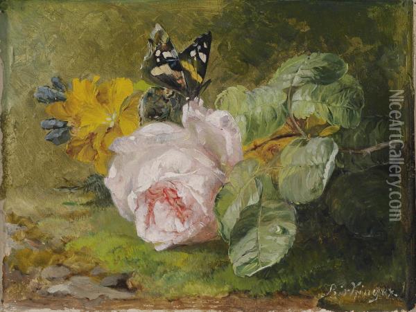 Roses Andbutterflies On A Woodland Floor Oil Painting - Franz Xaver Birkinger