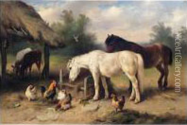 In The Farmyard Oil Painting - Walter Hunt