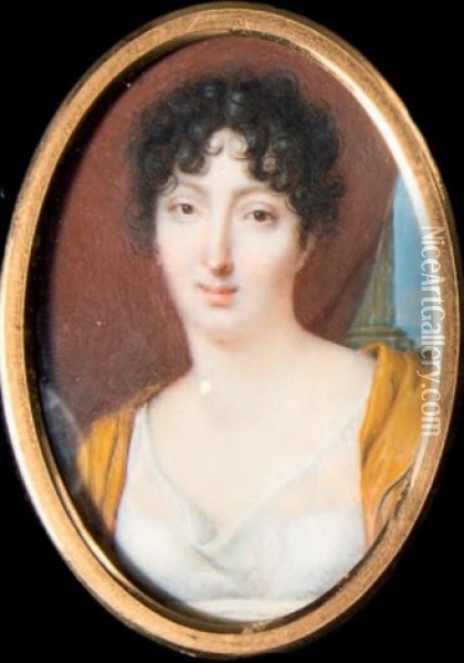 Portrait De Jeune Femme En Robe De Voile Blanc, Echarpe Jaune Et Coiffee De Boucles Oil Painting - Louis Francois Aubry