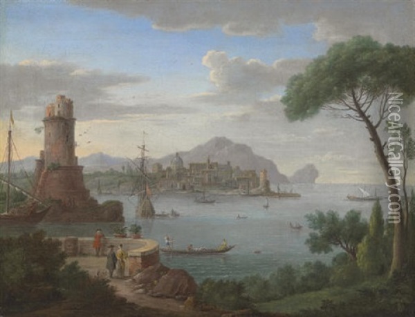 A Capriccio Of A Coastal Town With Figures At A Viewing Point In The Foreground Oil Painting - Hendrick Frans van Lint