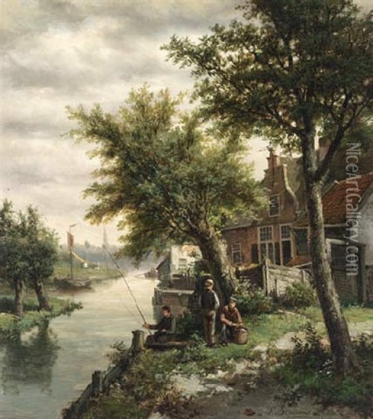 Anglers Along The Gooische Vaart, Hilversum Oil Painting - Lion Schulman