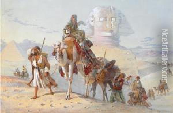 A Caravan With The Pyramids And Sphinx Beyond Oil Painting - Joseph-Austin Benwell