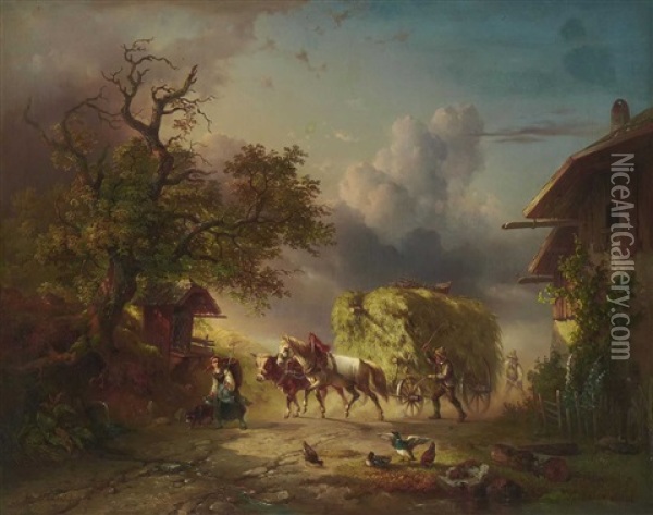 Bauern Mit Heuwagen Auf Dorfstrase Oil Painting - Edmund Mahlknecht