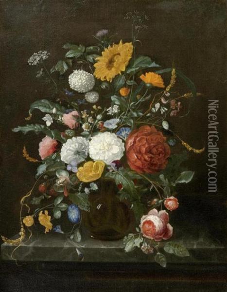 Floral Still Life In A Glass Vase On A Console Oil Painting - Jan Davidsz De Heem