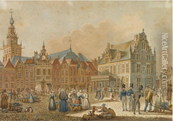 A Market Scene In Nijmegen, The Waag And The Vleeschhuis Beyond Oil Painting - G. J. Gelderman
