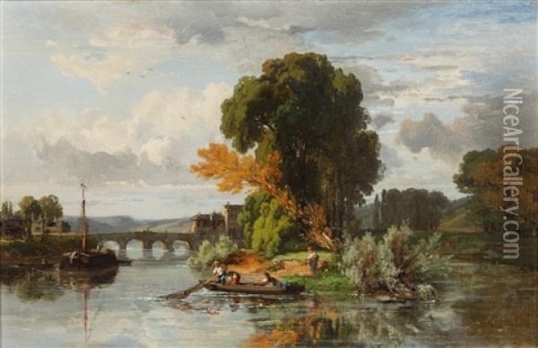 River Landscape Oil Painting - Dominique-Adolphe Grenet de Joigny