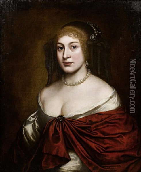 Portrait Of A Lady In A White Silk Dress, A Red Wrap And A Pearl Headdress Oil Painting - Pieter Nason